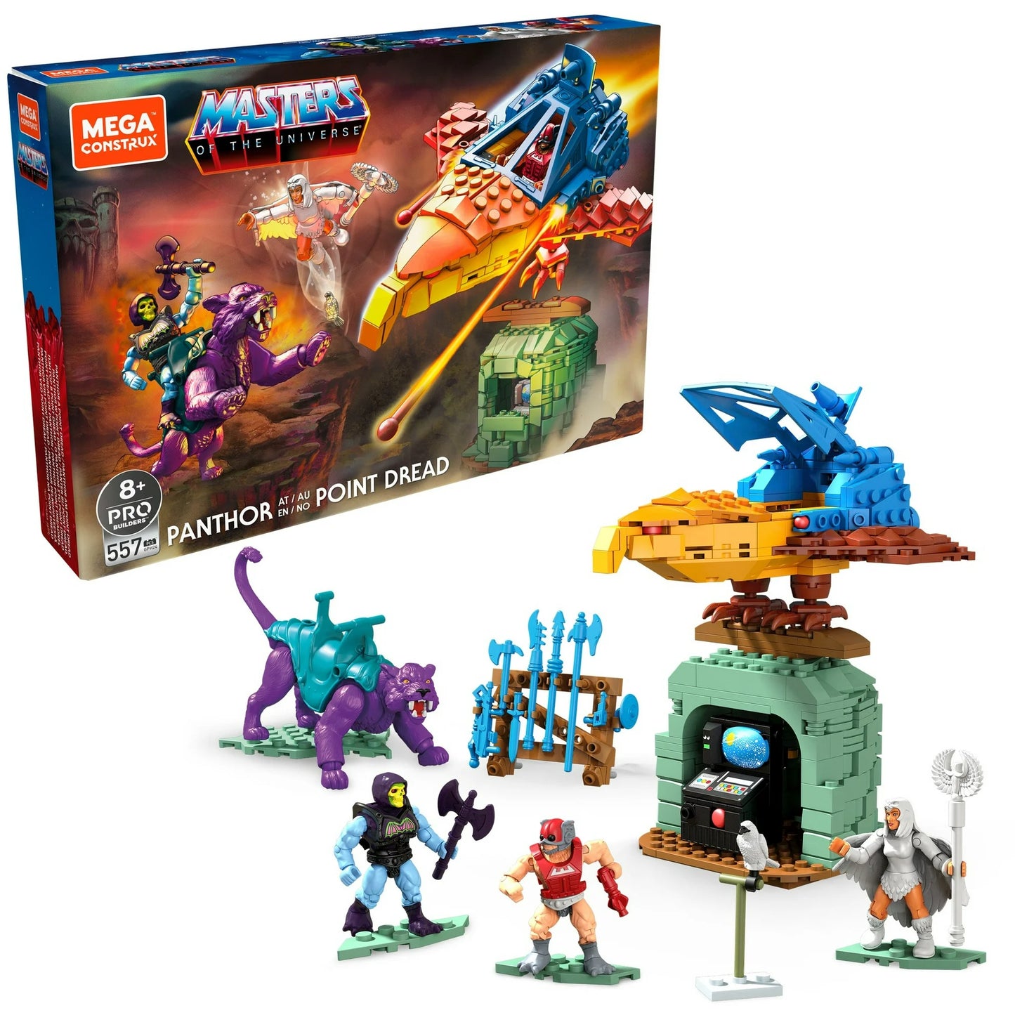 Mega Construx Masters of the Universe Panthor at Point Dread construction set with micro action figures (557 Pieces)