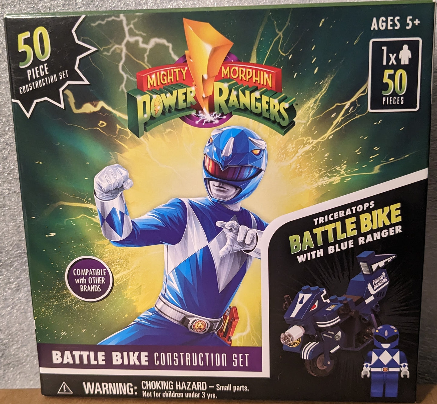 Mighty Morphin Power Rangers Triceratops Battle Bike with Blue Ranger Construction Set