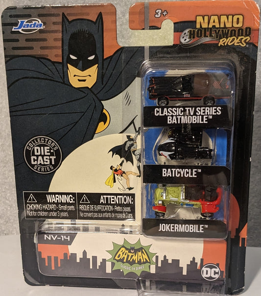 DC Comics Batman Classic TV Series Nano Hollywood Rides Classic TV Series Batmobile, Batcycle, and Jokermobile