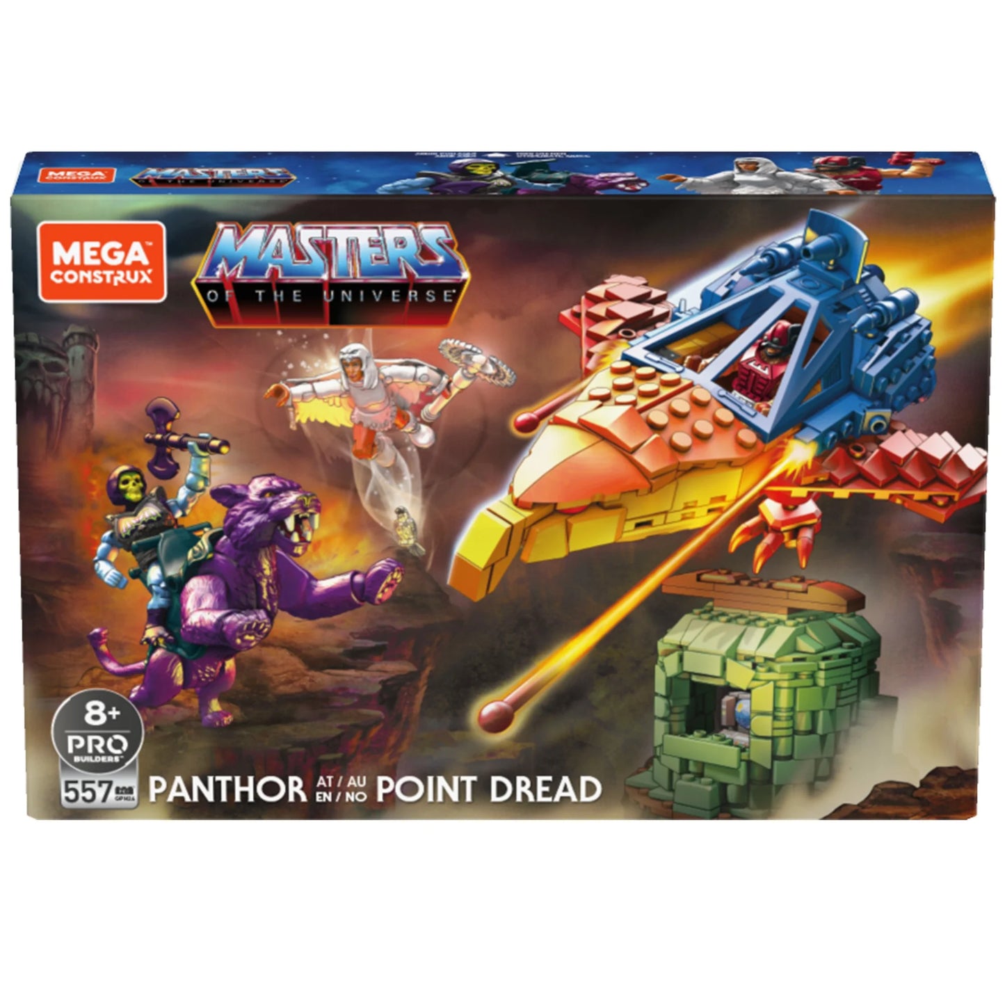 Mega Construx Masters of the Universe Panthor at Point Dread construction set with micro action figures (557 Pieces)